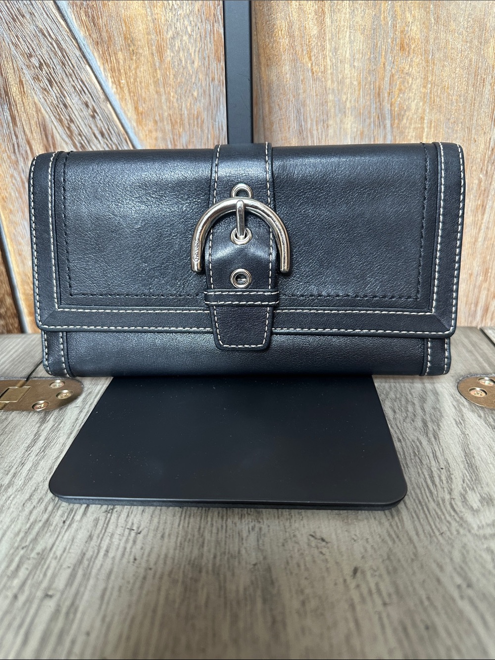 Coach Vintage Soho Black Leather Trifold Wallet with Silver Buckle